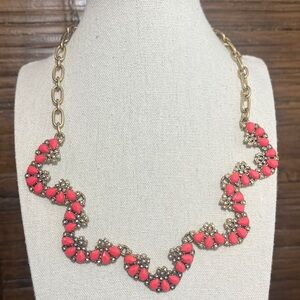 J Crew Retired Coral and Gold Tone Scallop Style Wavy Bib Rhinestone Necklace